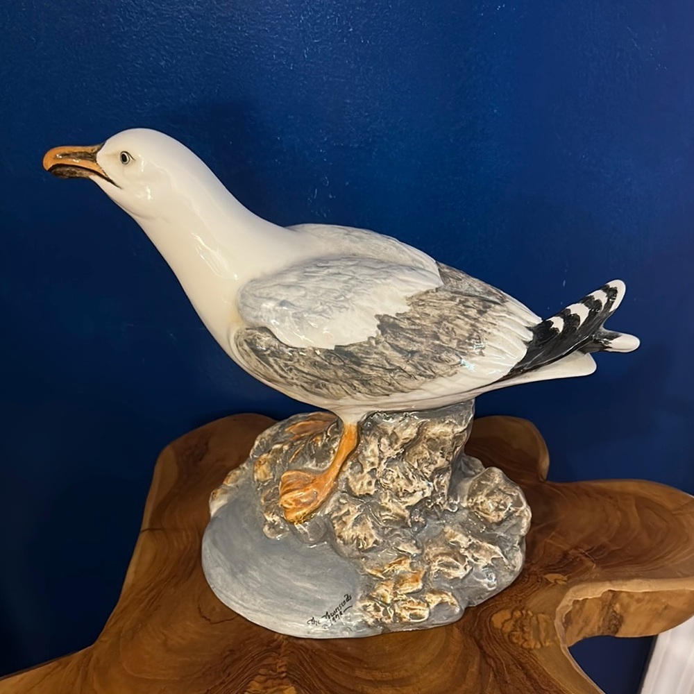 Vintage 1970’s Signed Hand-Painted Ceramic Seagull Figurine 12.5” x 7”